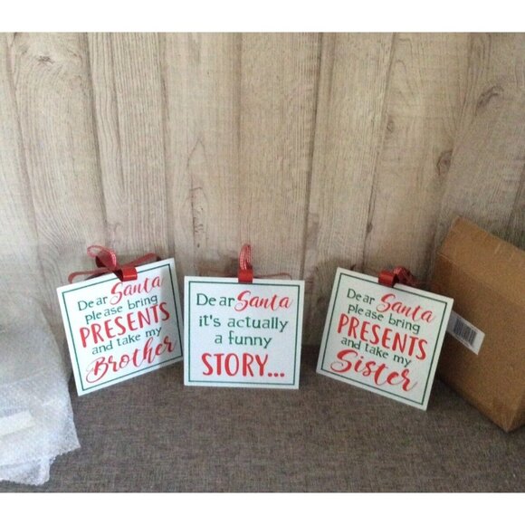 Square Metal Dear Santa Silly Excuses Christmas Tree Ornaments Set of 3 - Picture 1 of 5